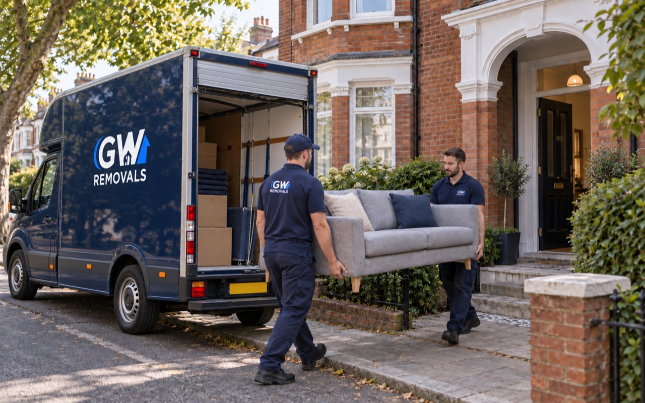 GW Removals Luton van parked correctly while a team carries a sofa into an Ealing home