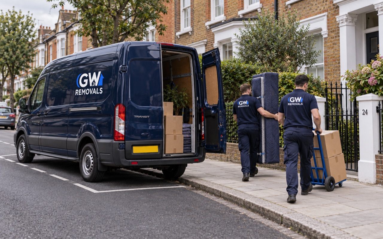 GW Removals Transit van parked in a marked bay during a Hammersmith and Fulham move