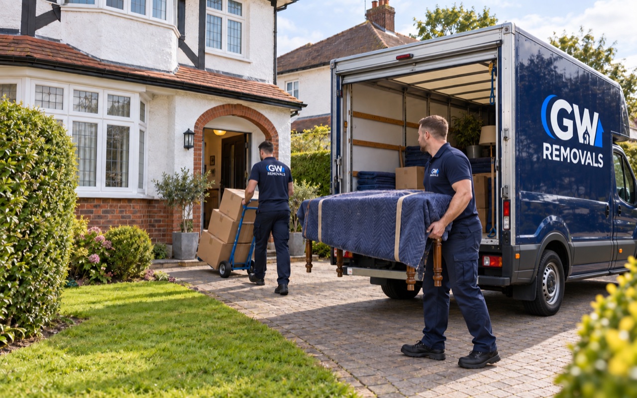 GW Removals Transit van parked on a private Hillingdon driveway during a house move