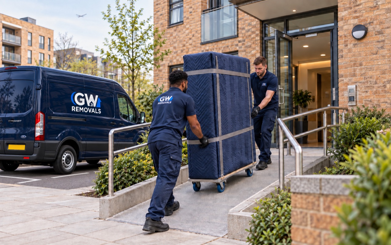 GW Removals Transit van parked in a marked bay beside an accessible Hounslow apartment entrance