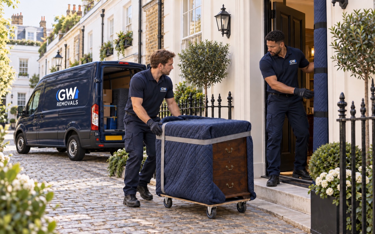 GW Removals Transit van parked correctly during a Kensington and Chelsea mews move